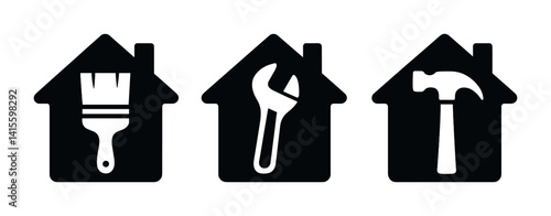 Home improvement tools icon set: hammer, wrench, paintbrush