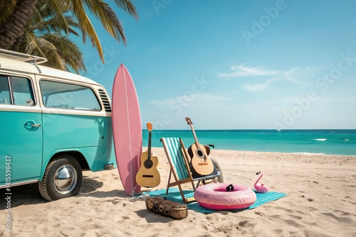A carefree beach vacation unfolds beside a vintage van, guitars ready, surfboard waiting, and inflatable fun adding to the summer's joyful vibe under a sunny sky.