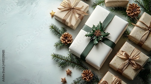 Obraz na płótnie Festive holiday gift boxes with natural decor w salonie