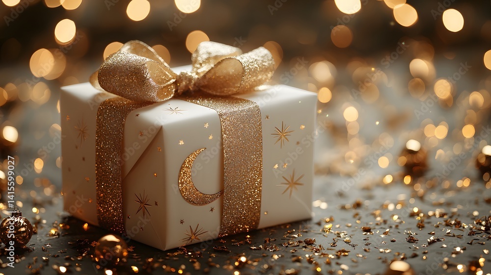 Festive holiday gift box wrapped in shimmering gold