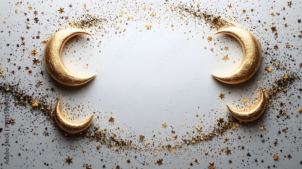 Festive white gift card with shimmering gold geometric borders and crescent moons