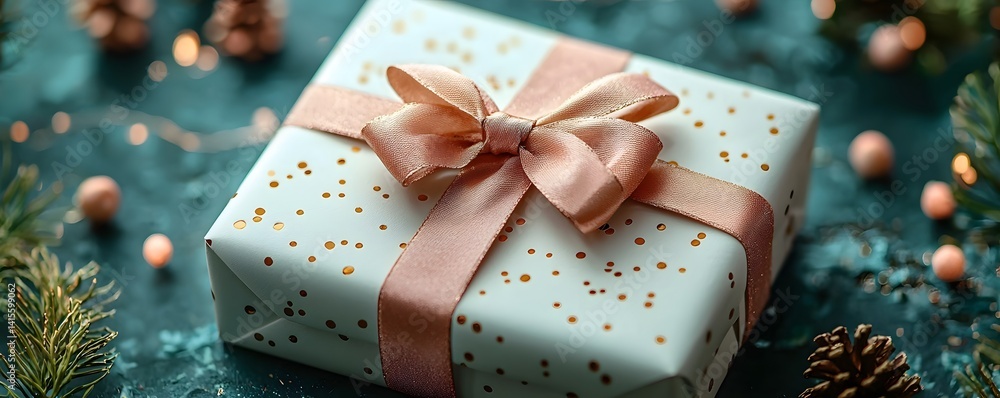 A beautifully wrapped gift box exuding tranquility and joy during the holiday season
