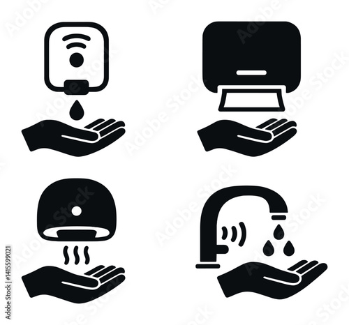 Hand hygiene icons set: soap, towel, dryer, faucet