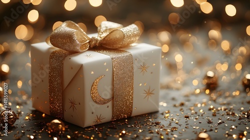 Obraz na płótnie Festive holiday gift box wrapped in shimmering gold w salonie
