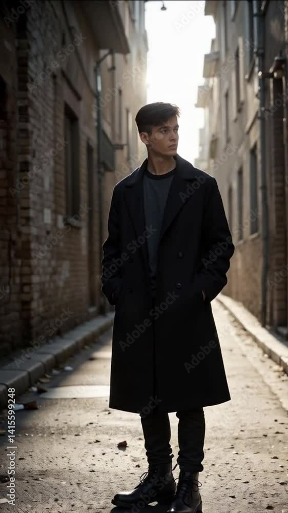 A young man standing in soft sunlight wearing oversized black coat and boots in an empty alley with hands in pockets looking to the side
A young man standing in soft sunlight wearing oversized black coat and boots in an empty alley with hands in pockets looking to the side