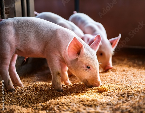 Piglets eating high quality protein food and gaining weight in pigpen