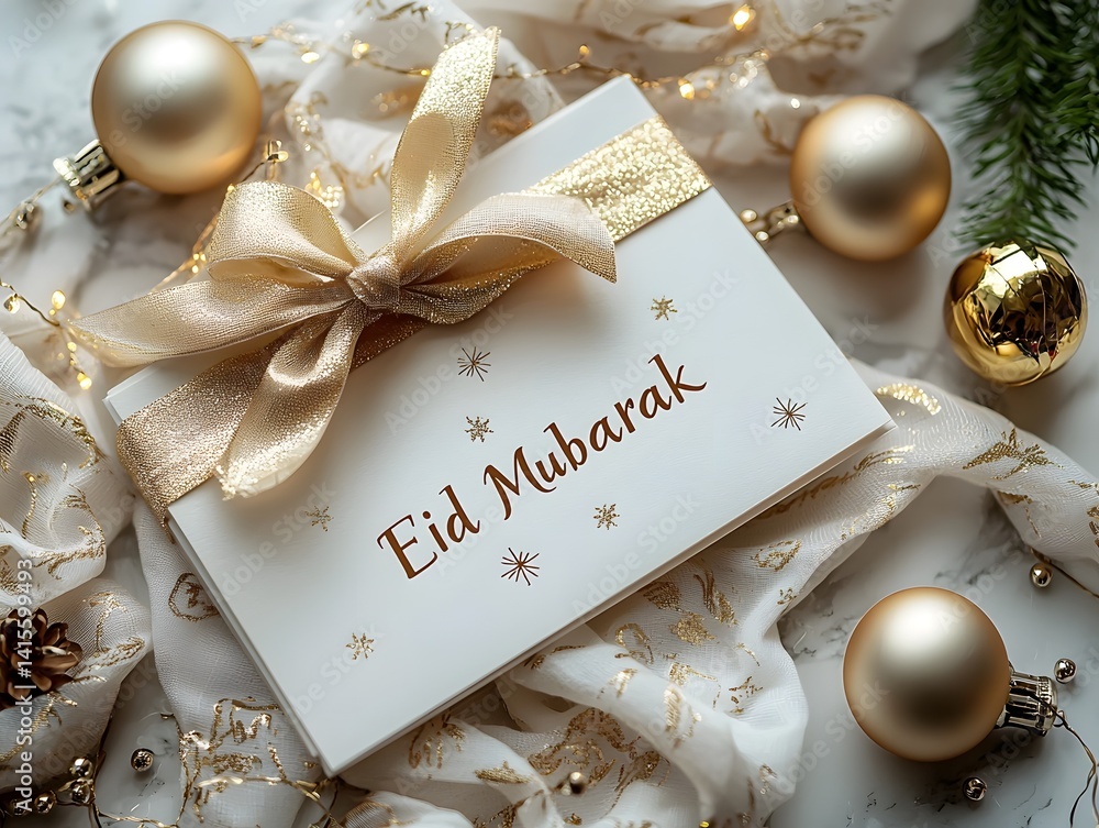 An elegant Eid Mubarak gift card with a golden bow and ornaments