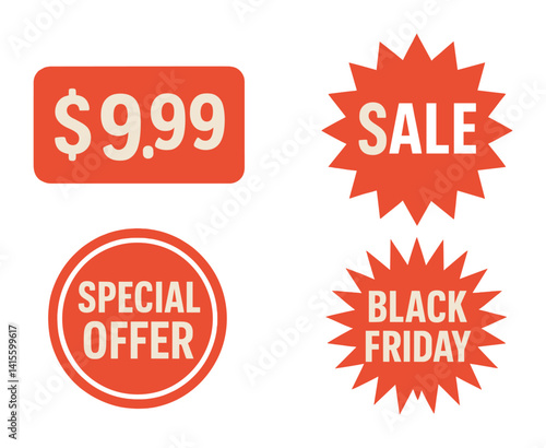 Bold red promotional icons for sales and discounts