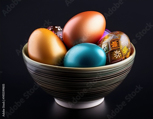 Easter decoration. Colorful eggs in bowl on black backgroun