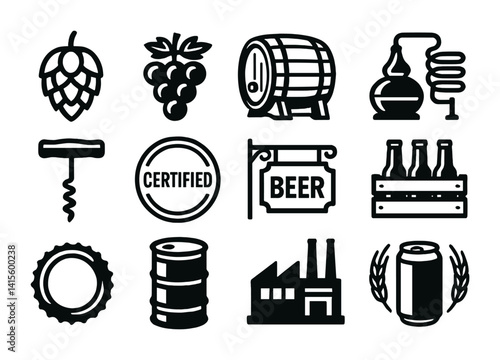 Craft beer icons set: flat style featuring barrel, distillery, corkscrew & more