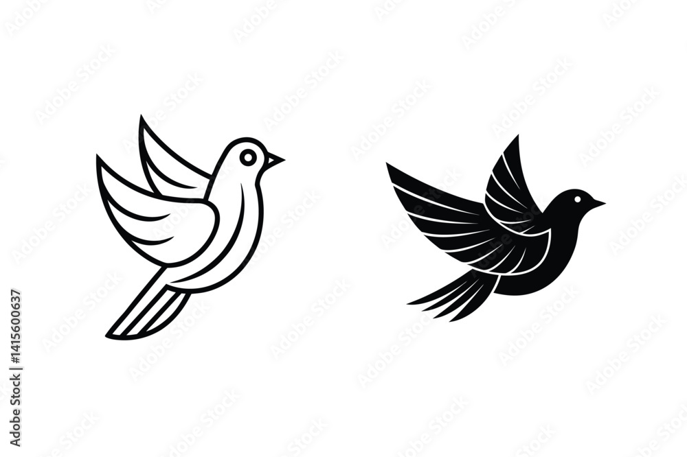 Fototapeta premium Two Minimalist Pigeon Silhouette Graphics Flying Bird Vector Illustration Design