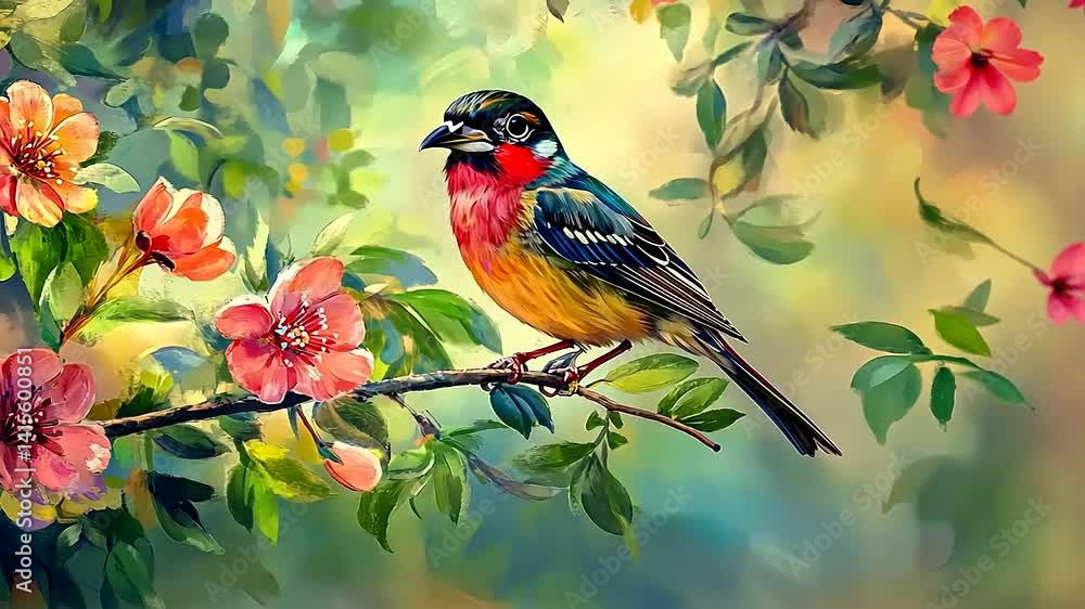 Colorful bird perched on a blooming branch surrounded by vibrant flowers in a serene garden setting Colorful bird perched on a blooming branch surrounded by vibrant flowers in a serene garden setting