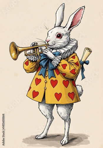 White Rabbit plays trumpet Alice in Wonderland style hearts coat scroll detailed illustration