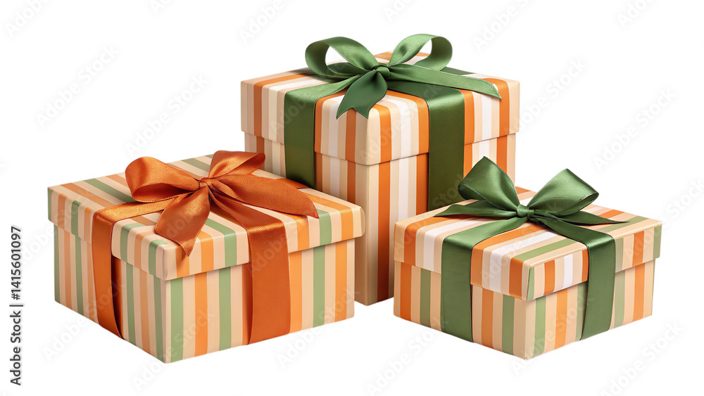 Fototapeta premium Beautifully wrapped gifts, a delightful surprise of striped boxes tied with orange and green ribbons, a perfect present for any occasion.