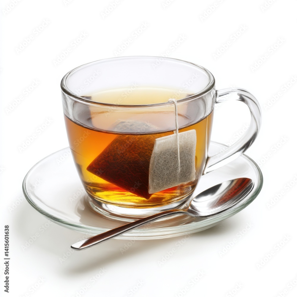 A cup of tea with a teabag and a spoon isolated on white background A cup of tea with a teabag and a spoon isolated on white background