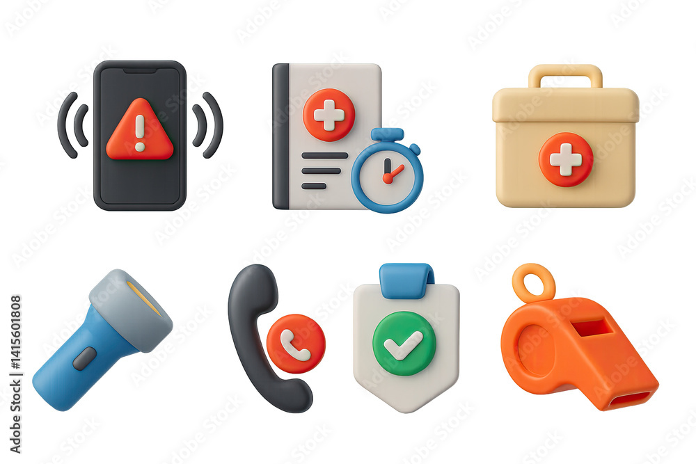 3D icon set of crisis response: phone alert, emergency plan, rapid form, comfort kit, flashlight, hotline icon, safety badge, whistle. 3d icon. Generated icons set of 3d style in a modern design.