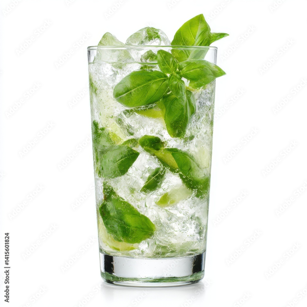 Tall glass filled with ice basil and lime isolated on white background Tall glass filled with ice basil and lime isolated on white background