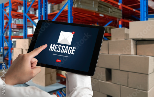 Obraz na płótnie Email notification message showing on computer screen snugly. Digital marketing message information text from business to customer client w salonie