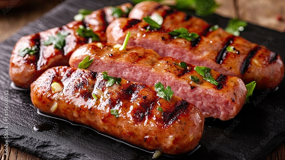 A plate of grilled meat with parsley on top A plate of grilled meat with parsley on top