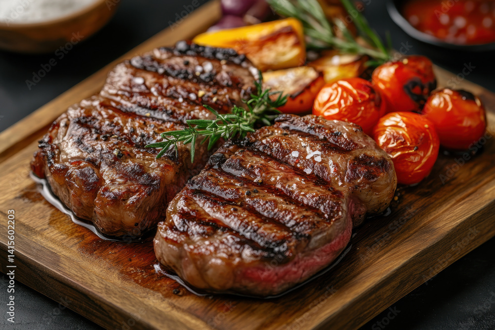 Sizzling steak on grill, charred crust, grill marks, juicy center, smoky aroma, ready to be served with a side of vegetables, outdoor BBQ setting. Sizzling steak on grill, charred crust, grill marks, juicy center, smoky aroma, ready to be served with a side of vegetables, outdoor BBQ setting.