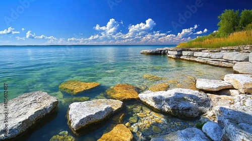Multicolored pebbles on Lake Huron shoreline. Peaceful Canadian nature landscape perfect for travel and relaxation themes