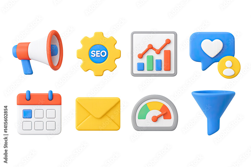 3D icon set of digital marketing: ad megaphone, SEO gear, analytics chart, social icons, content calendar, email icon, engagement meter, funnel. 3d icon. Generated icons set of 3d style in a modern