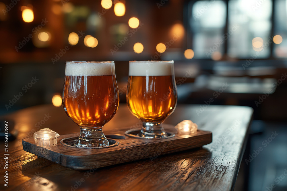 Two glasses of beer on a wooden tray, with foam overflowing. Background of rustic pub setting with low light and blurred bar patrons chatting. Two glasses of beer on a wooden tray, with foam overflowing. Background of rustic pub setting with low light and blurred bar patrons chatting.