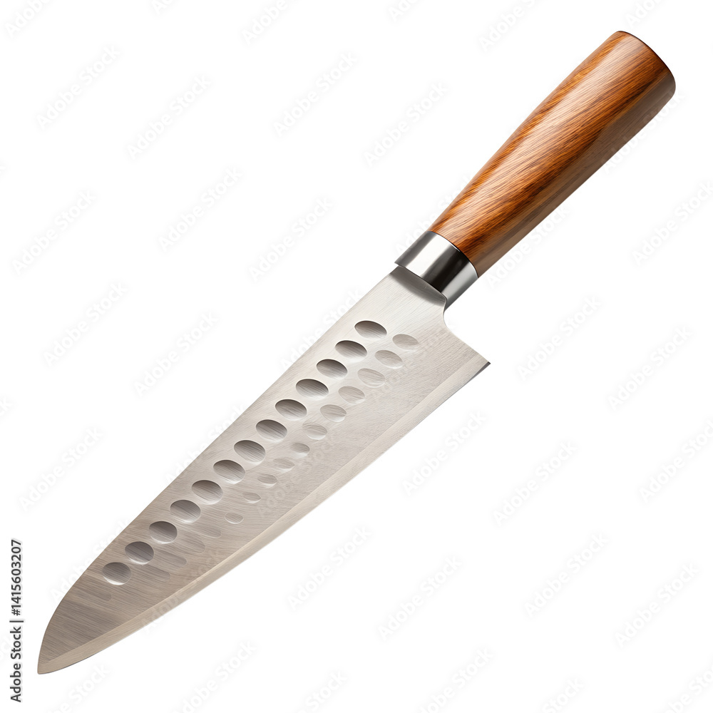 Chef knife with wooden handle on view isolated on transparent background