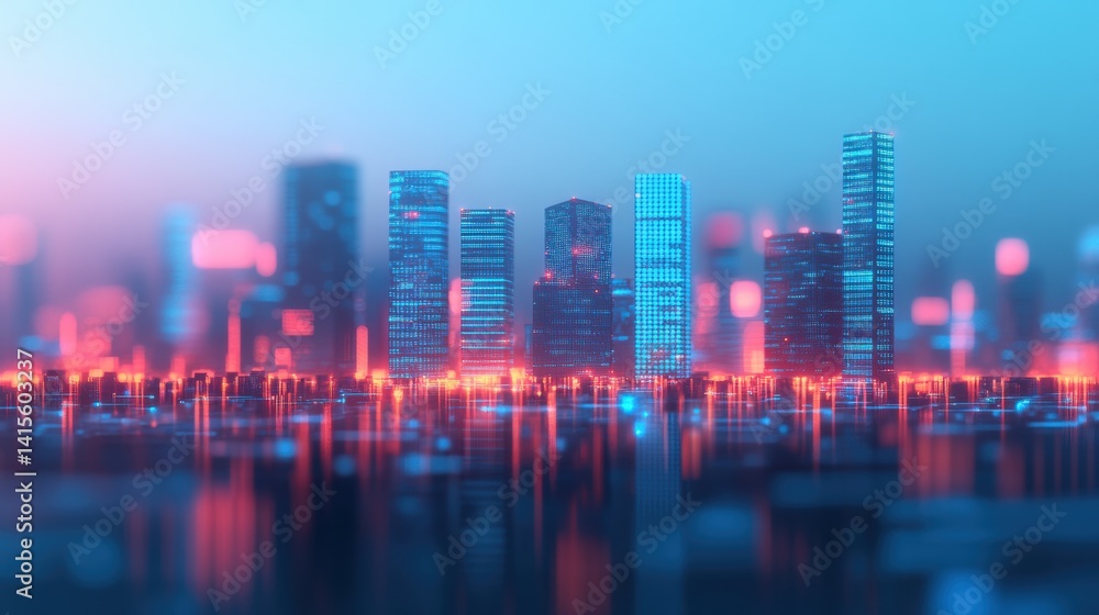 Fototapeta premium Futuristic smart city skyline with glowing real estate analytics overlay