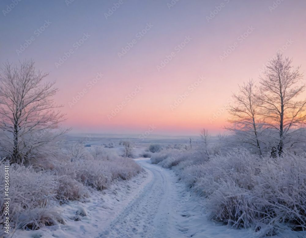 Fototapeta premium A frozen landscape in shades of pale blue and white, with a soft pink sunrise glinting off icy