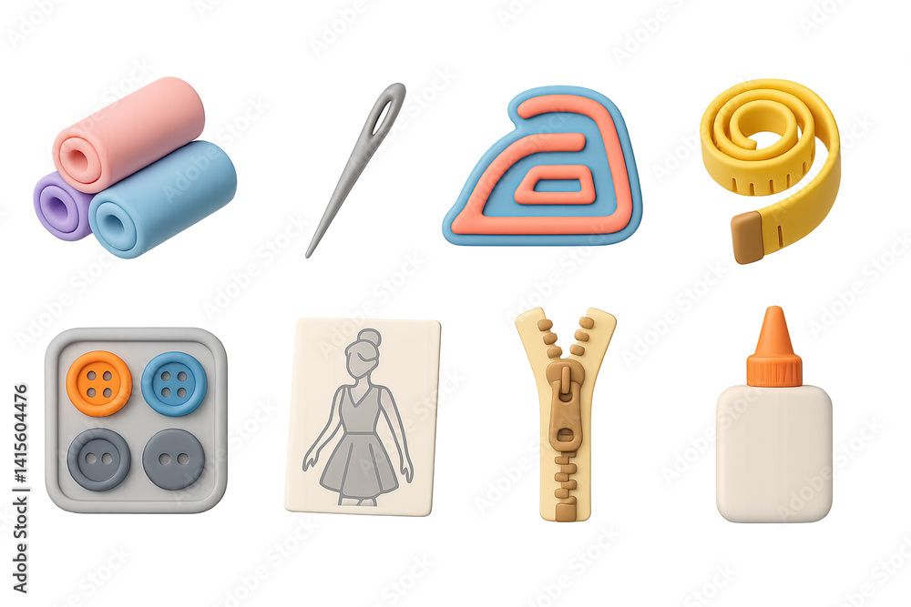 3D icon set of fashion DIY: fabric rolls, sewing needle, iron patch, measuring tape, button kit, fashion sketch, zipper, glue bottle. 3d icon. Generated icons set of 3d style in a modern design.
