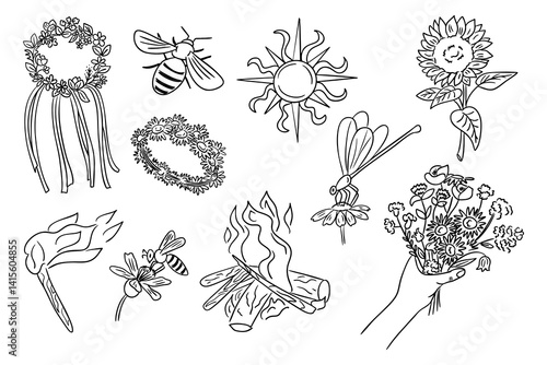 Hand drawn midsummer and solstice doodles featuring flowers, insects, sun, and bonfire elements. Celebration of nature, light, and seasonal rituals with floral crowns and symbolic summer imagery