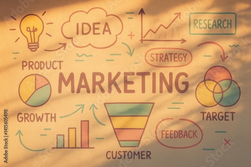 Marketing process diagram includes product, idea, strategy, growth, and customer path in playful visual layout. Concept of creativity, branding, planning, business.