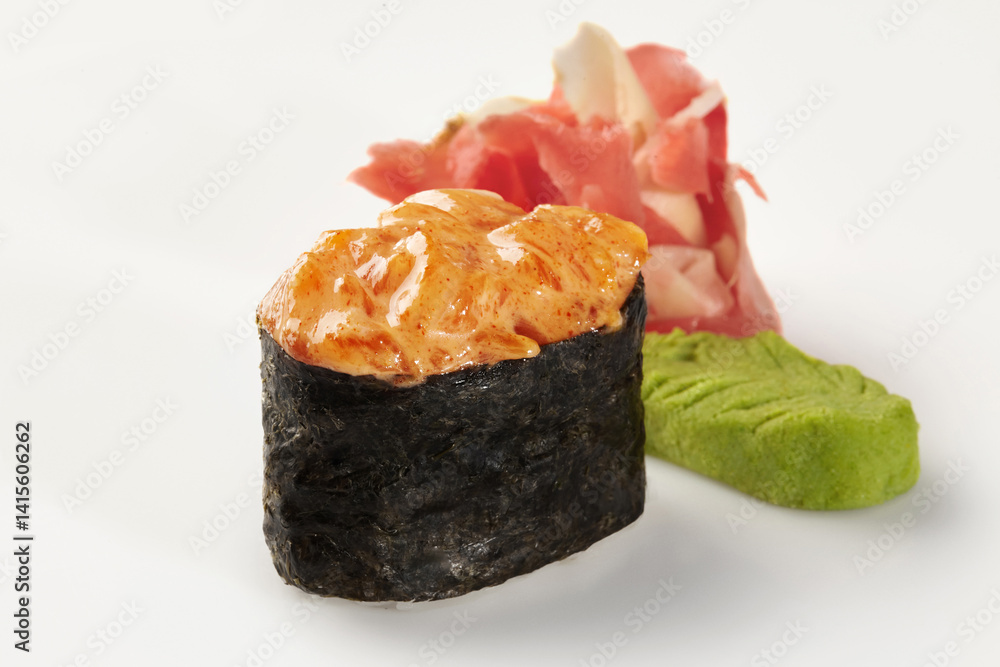 Spicy gunkan maki sushi with spicy sauce, ginger and wasabi on white background