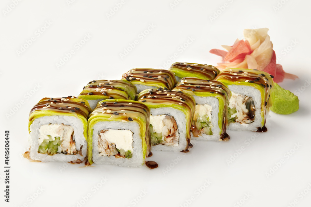 Green dragon sushi rolls with eel, avocado, cream cheese, and unagi sauce drizzled on top