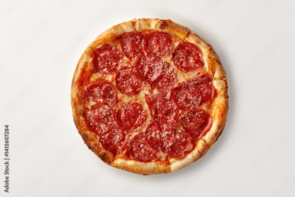 Delicious pepperoni pizza with grated parmesan lying on white background