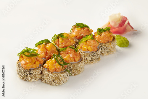 Obraz na płótnie Tempura sushi rolls with spicy salmon and mango toppings presenting delicious japanese cuisine w salonie