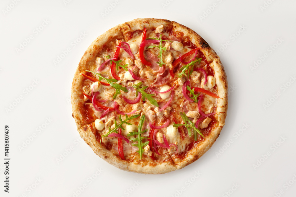 Delicious pizza with chicken, red onion, arugula, and mozzarella on white background