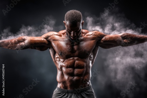 Wallpaper Mural A powerful African American bodybuilder flexing his muscular physique with powder, highlighting definition and strength in a dramatic pose with intense focus. Torontodigital.ca