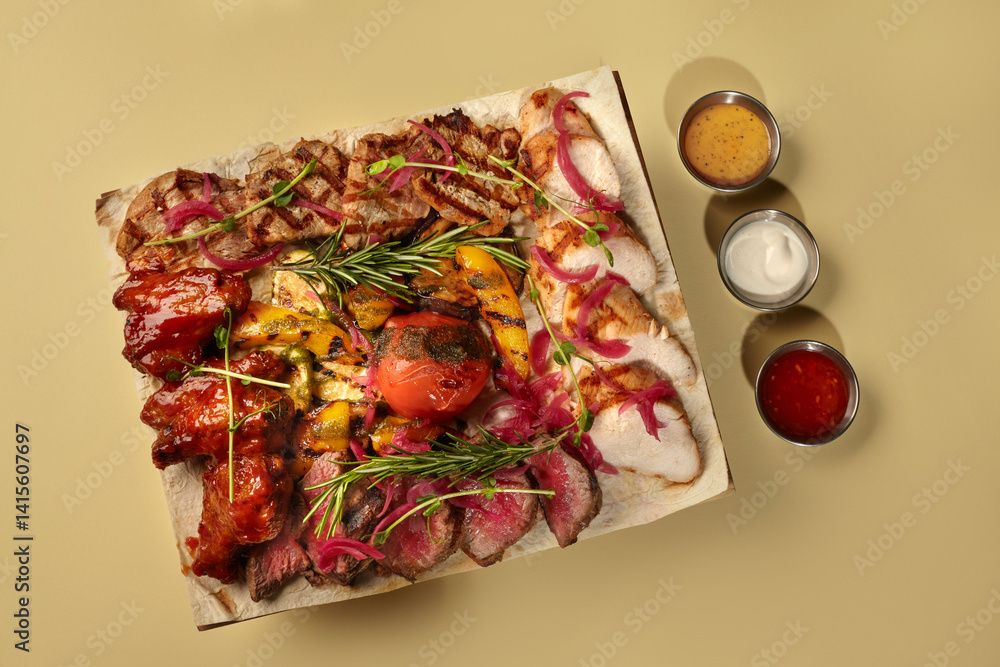 Grilled meat platter with chicken, pork, beef, vegetables and sauces, lying on pita bread