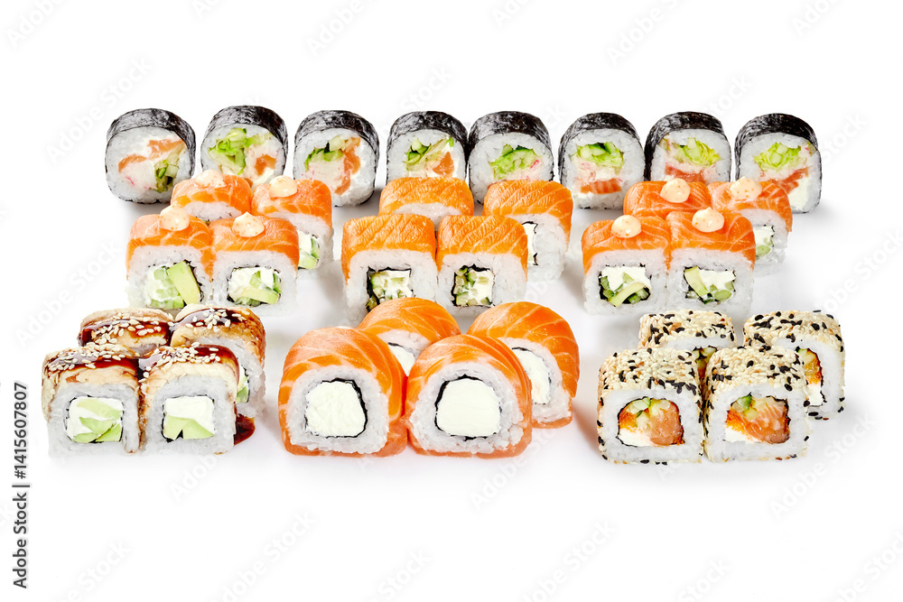 Variety of delicious sushi rolls displayed on white background