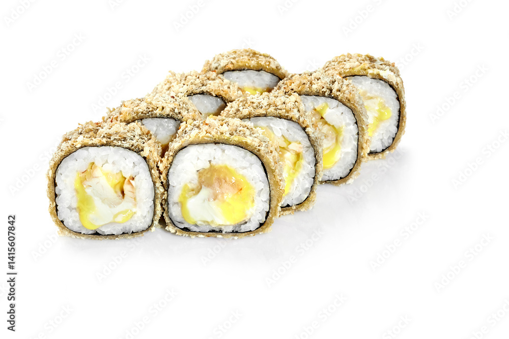 Tempura hot sushi rolls with cream cheese and salmon filling on white background