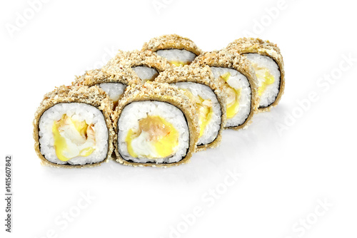 Obraz na płótnie Tempura hot sushi rolls with cream cheese and salmon filling on white background w salonie