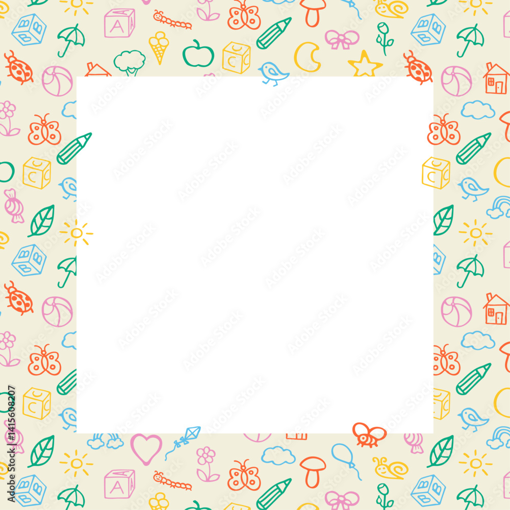 Fun cute frame of kids pattern colorful stickers, icons. Hand drawn doodles sketch children's elements. Сhildren's draw style design elements. Text box Fun cute frame of kids pattern colorful stickers, icons. Hand drawn doodles sketch children's elements. Сhildren's draw style design elements. Text box