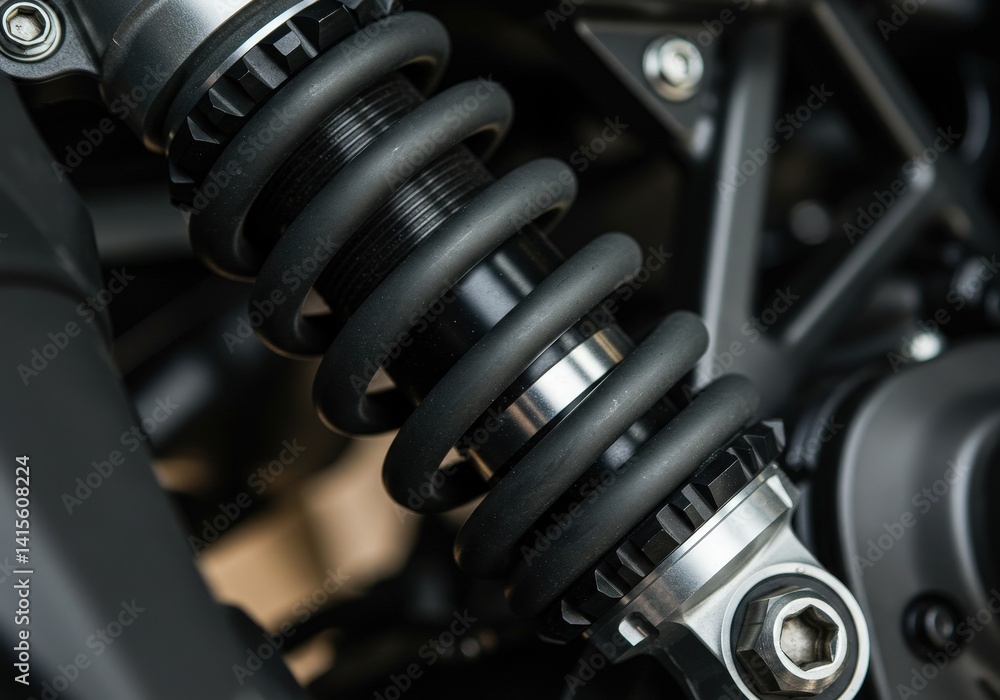 Close up view of motorcycle suspension spring showcasing intricate engineering and design features Close up view of motorcycle suspension spring showcasing intricate engineering and design features