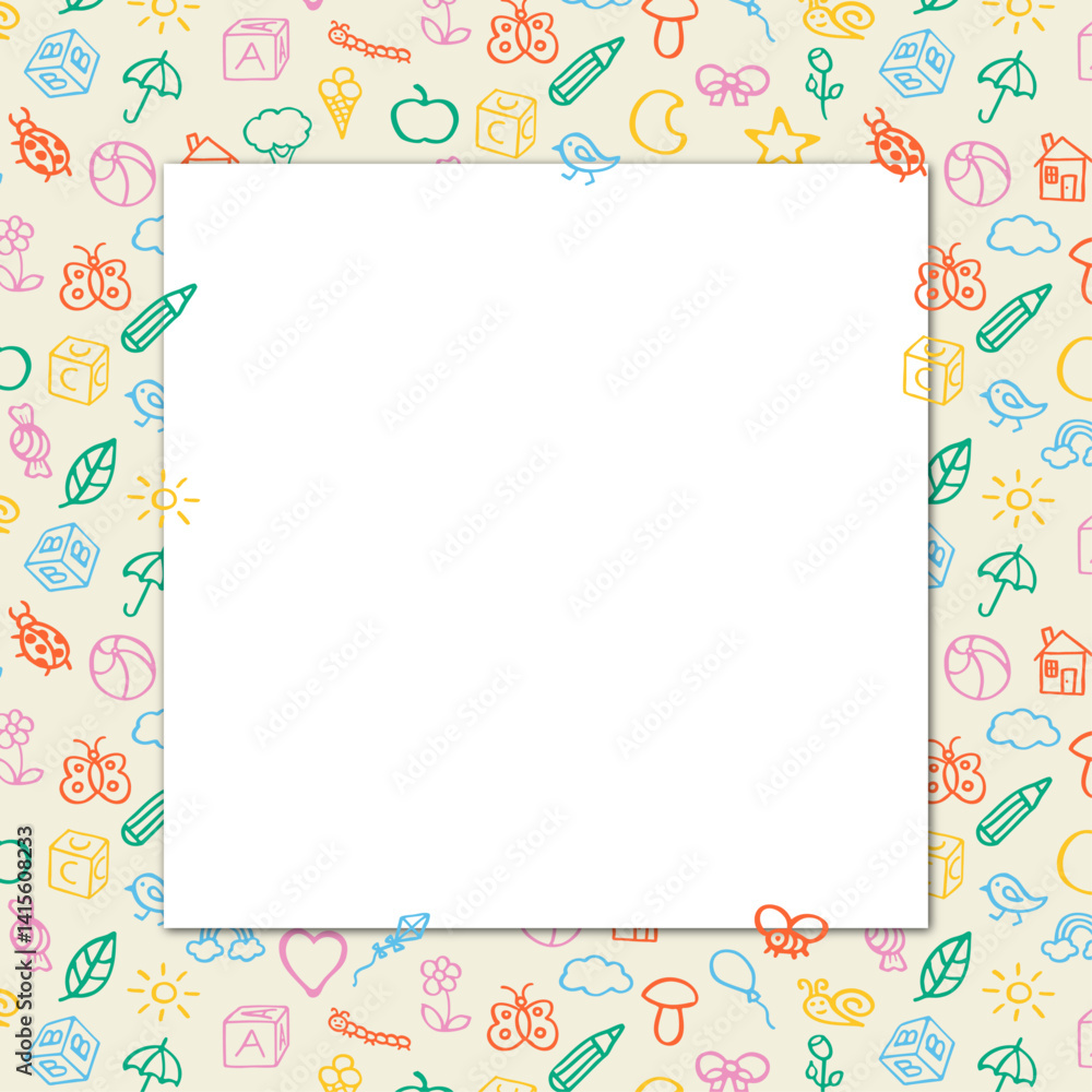 Fun cute frame of kids pattern colorful stickers, icons. Hand drawn doodles sketch children's elements. Сhildren's draw style design elements. Text box Fun cute frame of kids pattern colorful stickers, icons. Hand drawn doodles sketch children's elements. Сhildren's draw style design elements. Text box