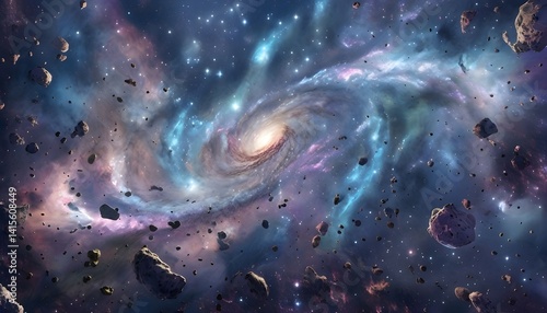 Vibrant Spiral Galaxy Glowing Amidst Nebula Clouds and Floating Asteroids