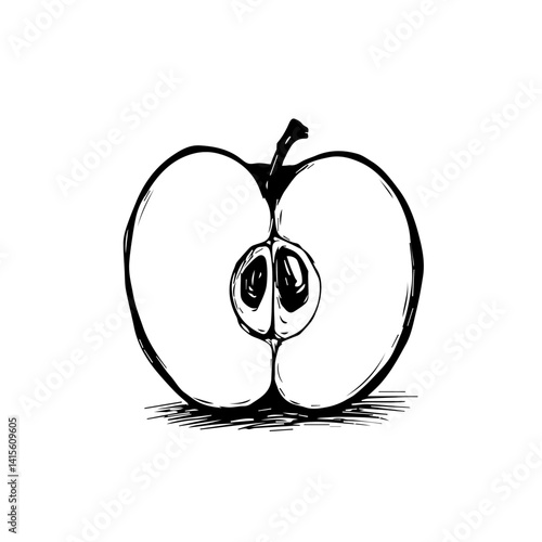 Black and White Sketch of a Halved Apple  