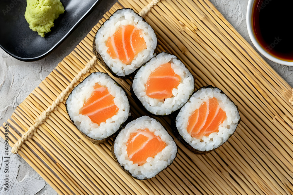 Salmon sushi rolls on bamboo mat with wasabi and soy sauce. Salmon sushi rolls on bamboo mat with wasabi and soy sauce.