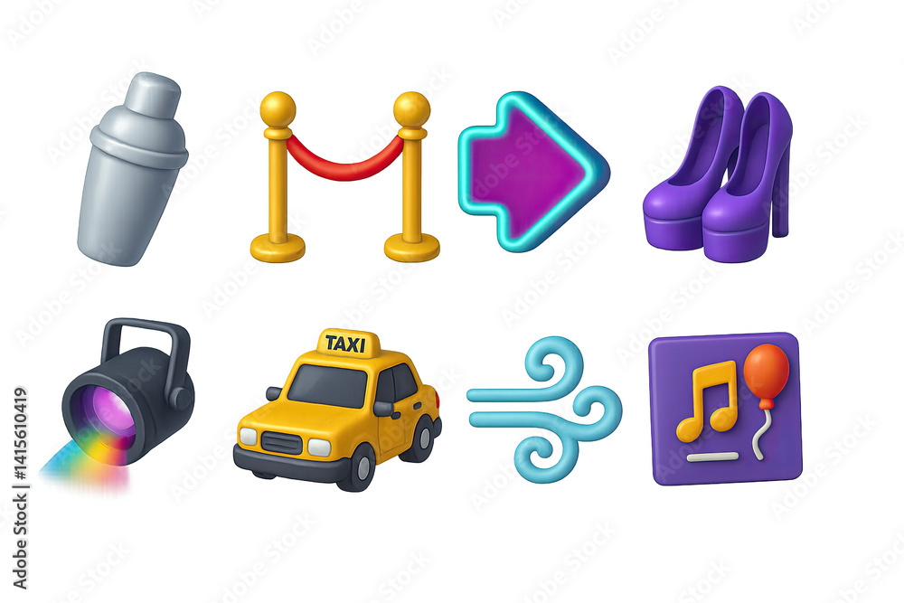 3D icon set of nightlife in the city: cocktail glass, disco ball, DJ set, neon sign, club ticket, dance floor, barstool, glowing bracelet. 3d icon. Generated icons set of 3d style in a modern design.